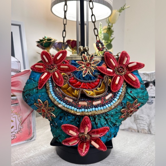 Mary Frances Teal and Red Floral Clutch - Picture 1 of 8
